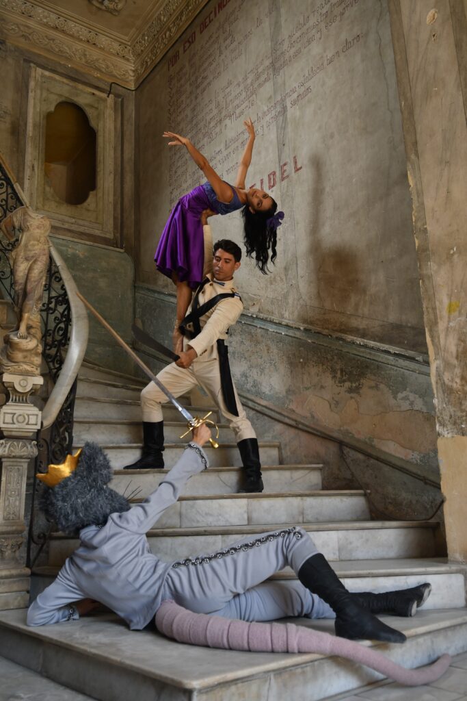 A male ballet dancer stands on a marble staircase astride. He holds a sword out in front of him and in his right hand he holds up a female ballet dancer who is suspended in the air. He is supporting her by the small of her back and she is draped over, with her arms outstretched into the air. She is wearing a purple dress. They are both looking down at another ballet dancer who is lying at the foot of the staircase propped up by one arm. In his other arm, he is holding a sword outstretched at the pair on the stairs. He has the body of a human dressed in a grey suit, but a rat's tail and head, with a crown on top.